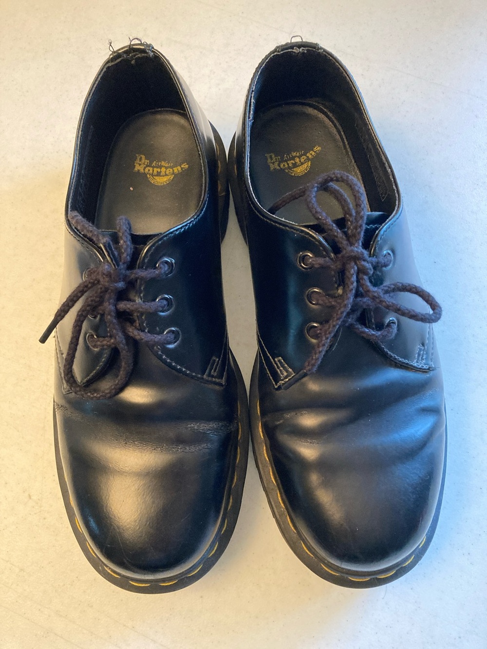 Dr. Martens Black Leather 3-Eye Derby Shoes with Yellow Stitching